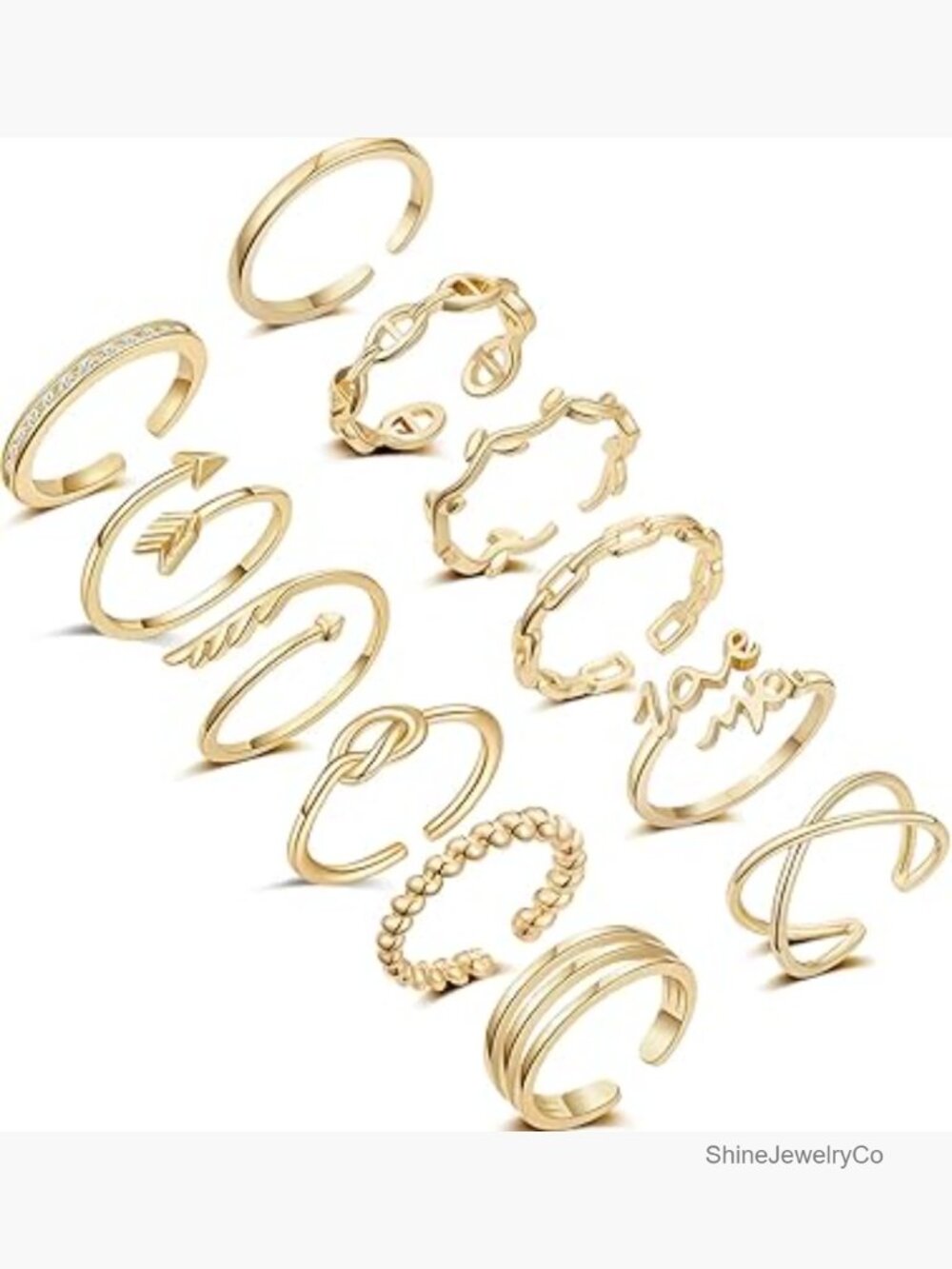 12pcs Gold Stackable Rings Set Adjustable Open Rings For Women
